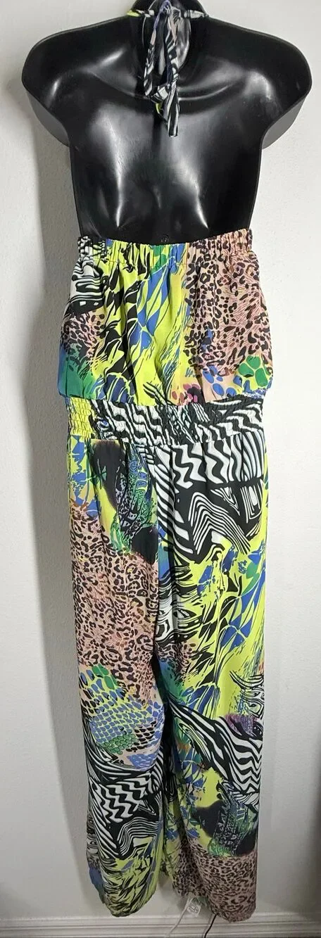 Authentic Brand Multicolor Halter Jumpsuit Wide Leg Animal Print Size 2X Lined